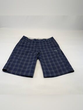Puma Men's Navy Plaid Flat Front Shorts Size 32